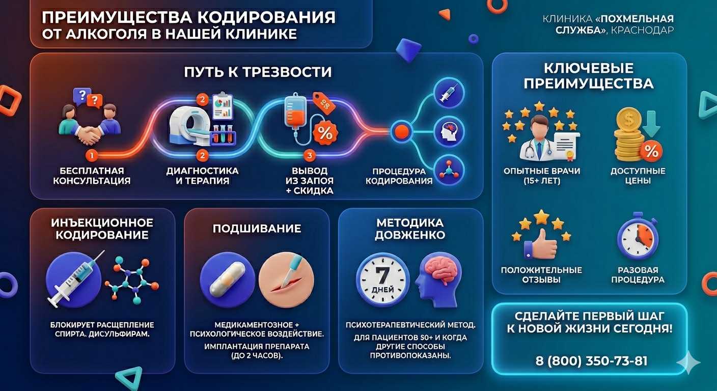Инфографика о методах кодирования от алкоголя в Виннице: инъекции, подшивание, метод Довженко. Преимущества клиники и этапы лечения.